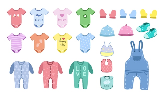 Conjunto de vetores de roupas de bebê. body de bebê, macacão, macacão, macacão jeans, babador, desenhos animados de clipart de sapatos