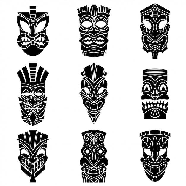 Vetor conjunto de vetores de silhuetas negras de máscara tribal tiki.