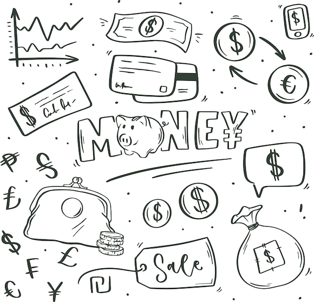 Conjunto de vetores de símbolo de dinheiro doodle