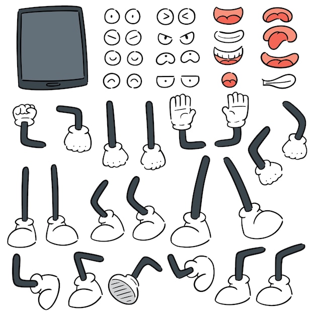 Conjunto de vetores de telefone inteligente, braço dos desenhos animados, perna, boca e olhos