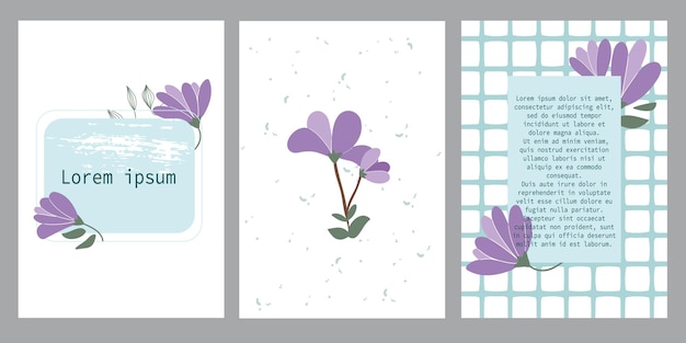 Conjunto de vetores de três modelos para cartões. a magnólia roxa japonesa é desenhada à mão. flor asiática dos desenhos animados. cartões para saudações, convites, celebrações com espaço de texto.