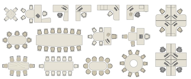 Conjunto de vetores de vista superior de elementos de móveis de escritório Kit para plano de espaço de trabalho de apartamento de casa de escritório Coleção colorida de ícone interior Mesa cadeira sofá planta Símbolo para projeto de design de interiores