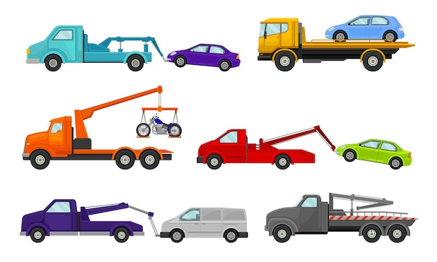 Vetor conjunto de vetores de visualização lateral de trabalho do camião de reboque ou do caminhão de reparação