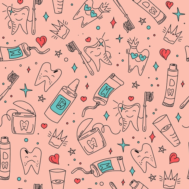 Conjunto de vetores dentários de padrões Pasta de dentes de desenho animado fio dental escova de dentes estilo doodle Cuidado dental