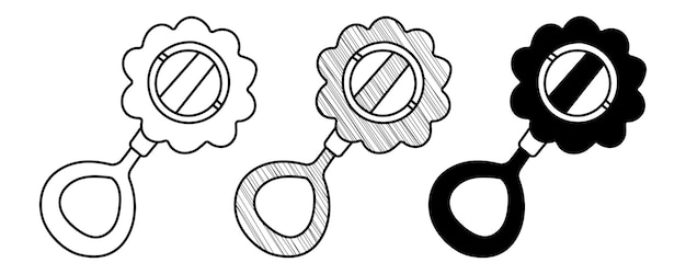 Conjunto de vetores desenhados à mão baby rattle em um estilo de desenho animado doodle