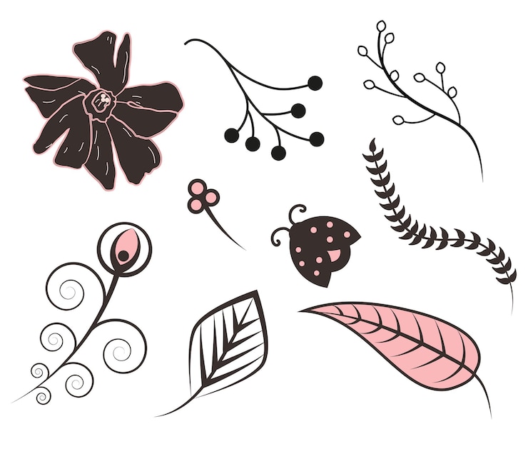 Vetor conjunto de vetores desenhados à mão de flores de primavera silhuetas de flores de pincel preto