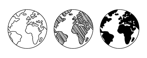 Vetor conjunto de vetores desenhados à mão planeta terra em um doodle estilo desenho animado