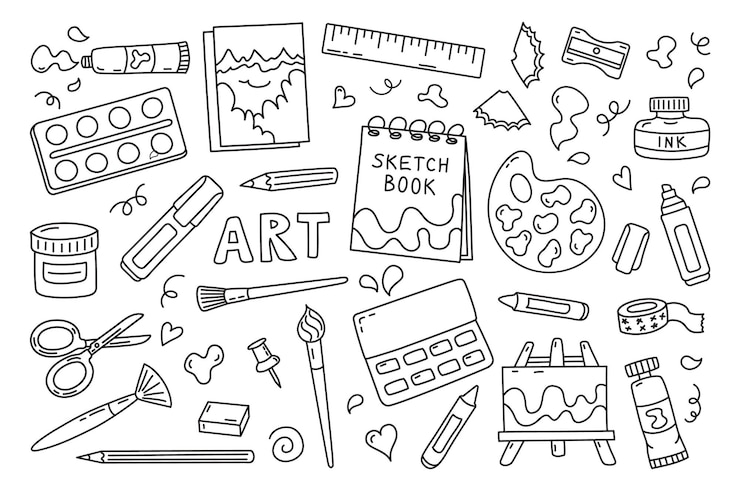 Vetor conjunto de vetores doodle de materiais de arte kits de ferramentas de materiais de pintura de artista desenhado à mão