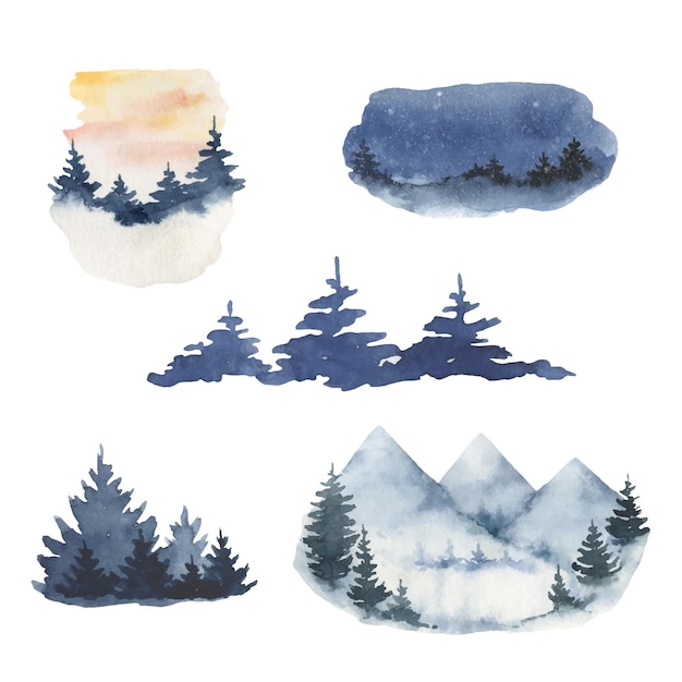 Conjunto de vetores em aquarela de paisagens de inverno da floresta