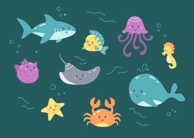 Conjunto de vetores fofos de peixes oceânicos subaquáticos e vida marinha para crianças