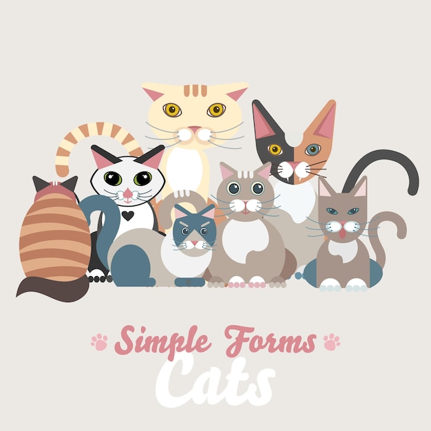 Conjunto de vetores isolado de gatos planos ilustração dos desenhos animados ícones de logotipo de gatos domésticos arte símbolo construtor diversão adorável animais de estimação sinal estilo plano retrato silhueta moderno diferente abstrato amigável bonito gato