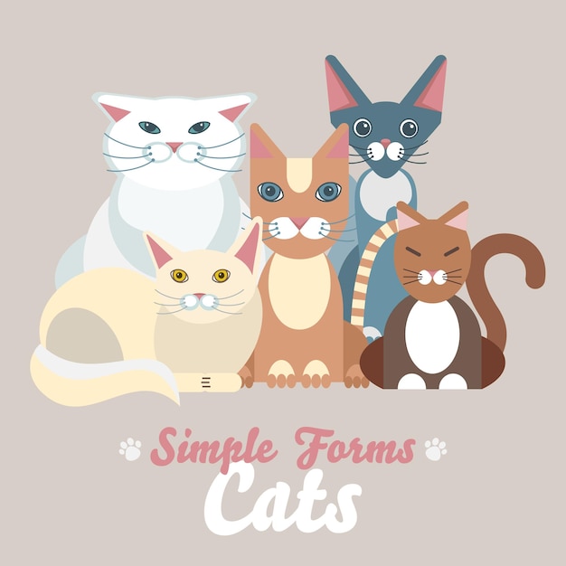 Conjunto de vetores isolado de gatos planos ilustração dos desenhos animados ícones de logotipo de gatos domésticos arte símbolo construtor diversão adorável animais de estimação sinal estilo plano retrato silhueta moderno diferente abstrato amigável bonito gato