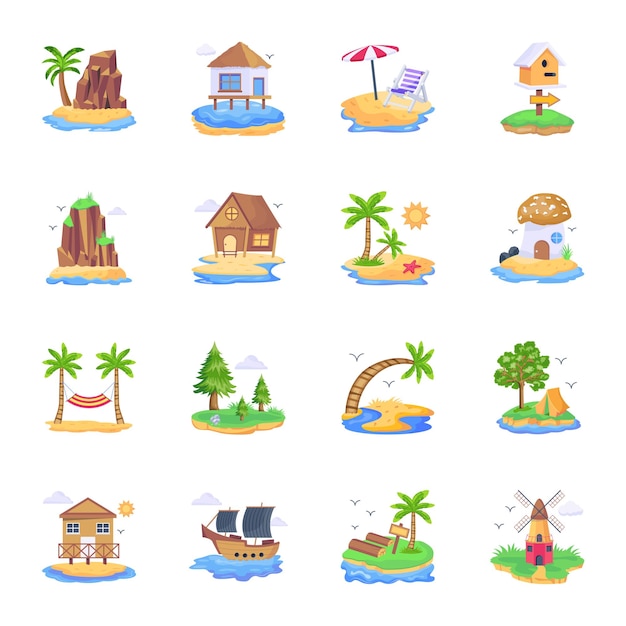 Conjunto de vetores planos de paisagens de ilha