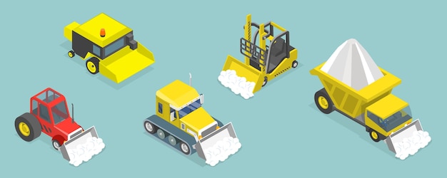 Conjunto de vetores planos isométricos D de diferentes veículos de remoção de neve para limpa-neves