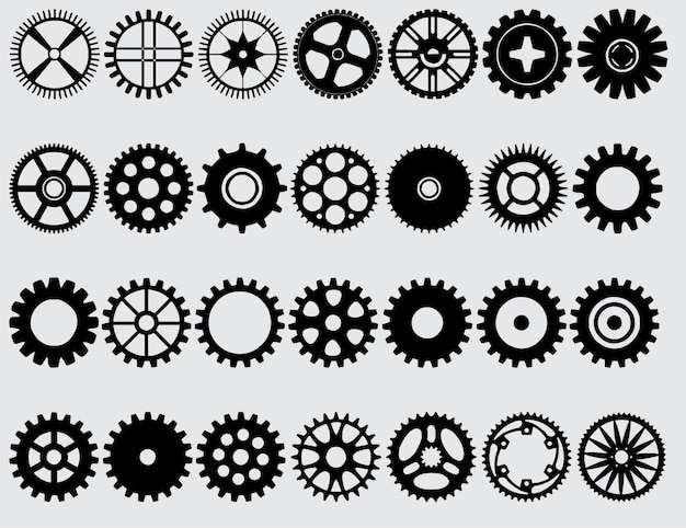 Vetor conjunto de vetores pretos de ícones de engrenagem