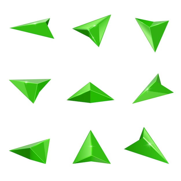 Conjunto de vetores realistas de seta de navegação verde brilhante ponteiro de seta gps coleção de ícones 3d realista isolada em fundo branco