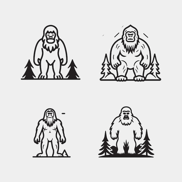 Conjunto de vetores Sasquatch Bigfoot Yeti Silhouette isolados no fundo branco