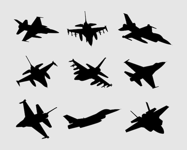 conjunto de vetores silhueta de avião de combate militar moderno