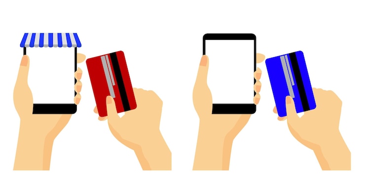 Vetor conjunto de vetores simples 2 mãos segurando ilustração de smartphone preto compras on-line e cartão de crédito ou débitoxa