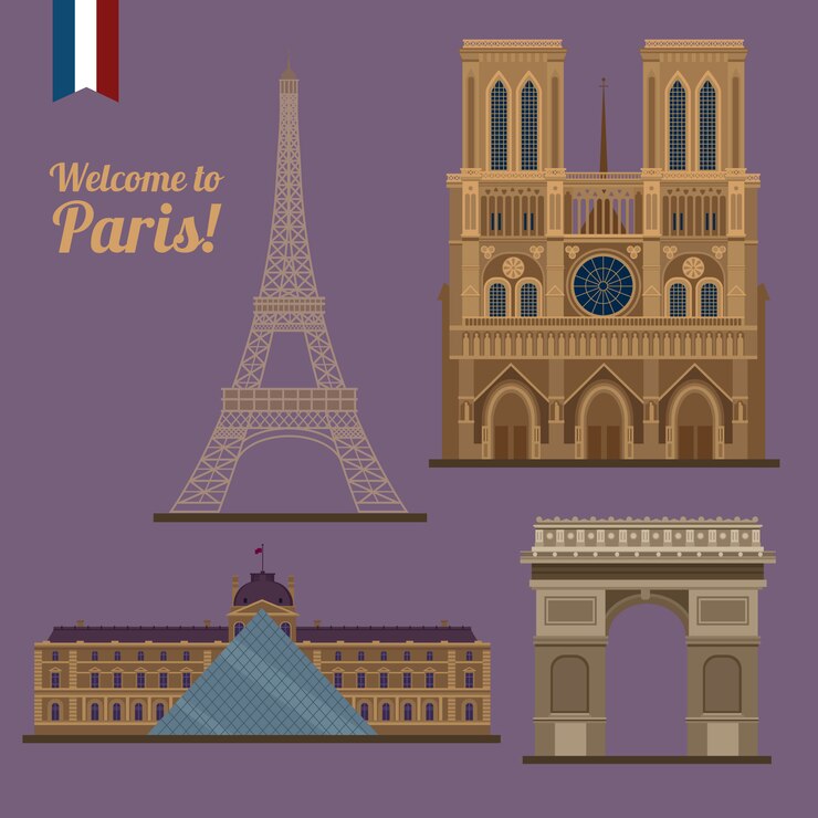 Vetor conjunto de viagem de paris. lugares famosos - torre eiffel, louvre, notre dame, arco do triunfo