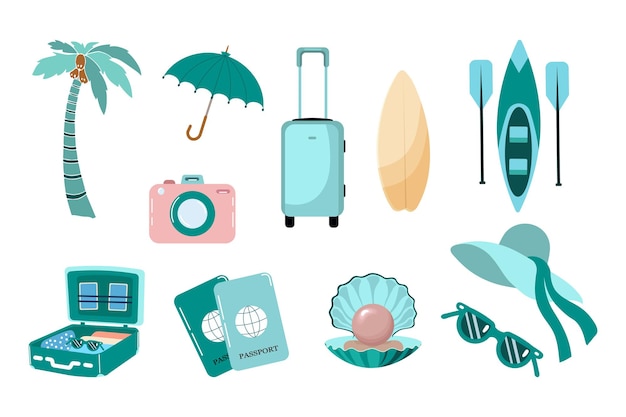 Conjunto de viagem de verão malas passaporte câmera óculos de sol guarda-chuva chapéu prancha de surf caiaque ícones