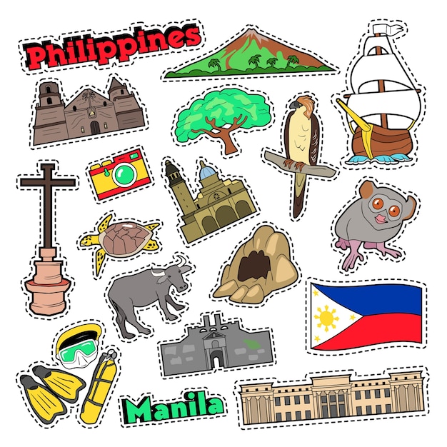 Conjunto de viagens de Filipinas com arquitetura e animais para impressões, adesivos e emblemas. Doodle de vetor
