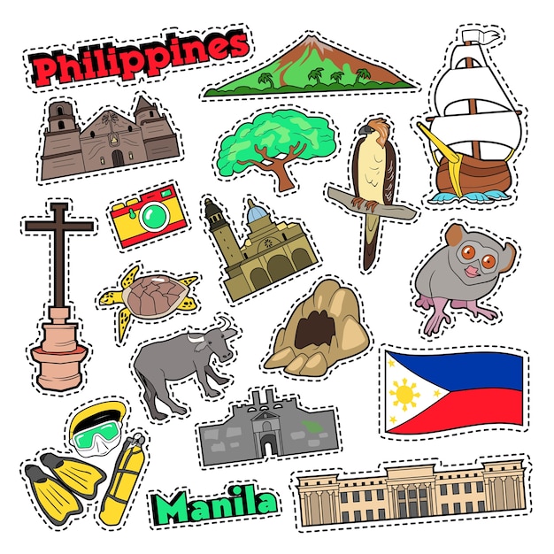 Conjunto de viagens de filipinas com arquitetura e animais para impressões, adesivos e emblemas. doodle de vetor