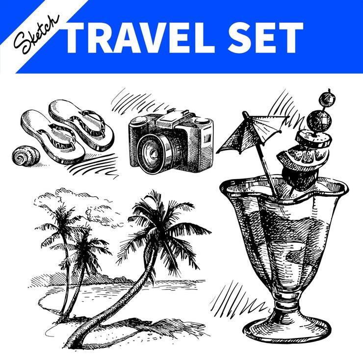 Vetor conjunto de viagens e férias. ilustrações desenhadas à mão
