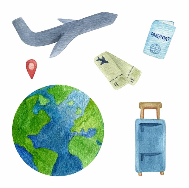 Conjunto de viagens em aquarela Use-o para convites de cartões postais e scrapbooking