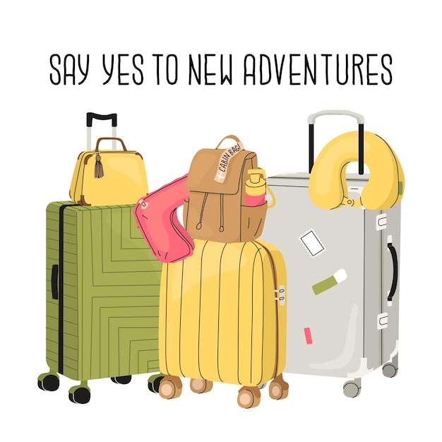Conjunto de viajantes Chapéu de mochila de malas e bandanas para o avião Diga sim à frase de novas aventuras Conceito de viagem com crianças Ilustração vetorial isolada Design de cartão postal de férias