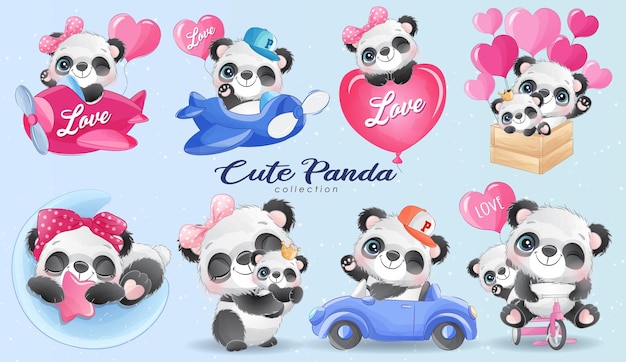 Conjunto de vida do pequeno panda fofo com ilustração em aquarela