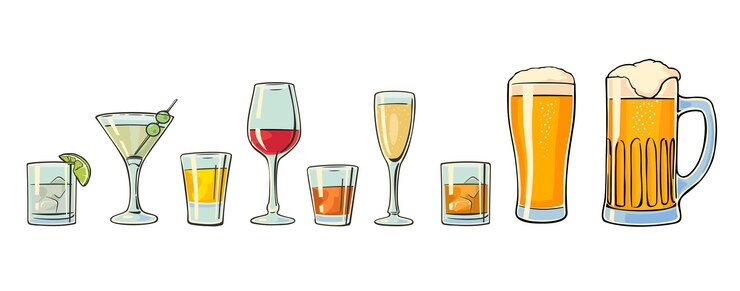 Vetor conjunto de vidro de cerveja uísque vinho gim rum tequila conhaque champanhe coquetel vector fla