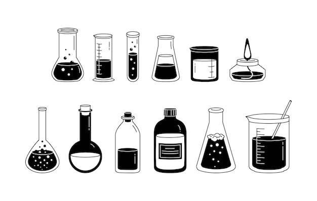 Conjunto de vidro químico preto e branco isolado vários frascos frascos, tubos de ensaio, frascos