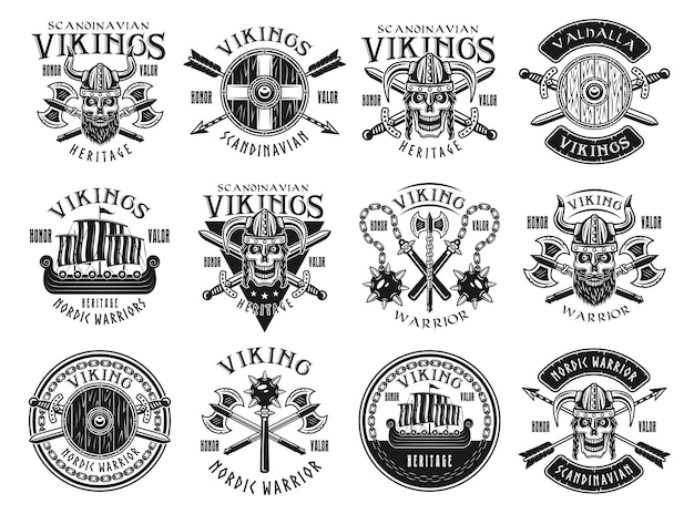 Conjunto de vikings e guerreiros escandinavos de doze emblemas vintage monocromáticos de vetor, etiquetas, emblemas, logotipos ou impressões de design de camisetas isoladas no fundo branco