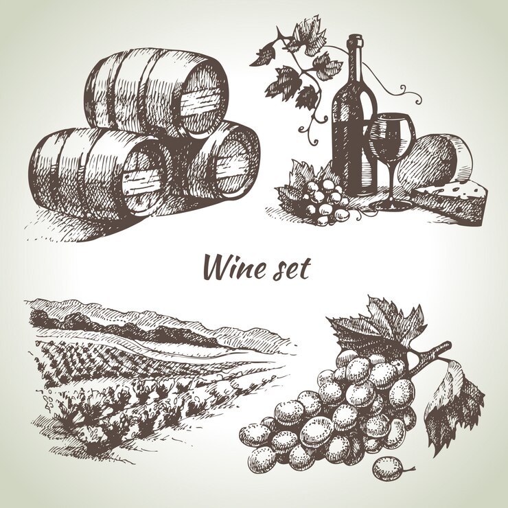 Vetor conjunto de vinho desenhado à mão