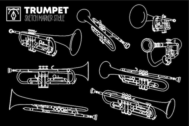 Conjunto de vistas de trompete isolado. desenhos de efeito marcador. silhuetas coloridas editáveis.