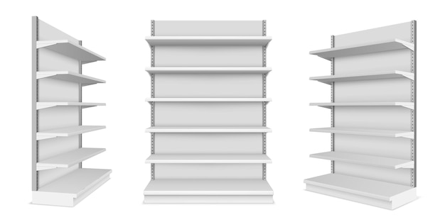 Vetor conjunto de vitrine de supermercado realista com prateleiras. maquete de mercado ou balcão de shopping para varejo. expositor de produtos da loja ou barraca de loja. conceito de colocação de produto interno ou interno. prateleira e rack