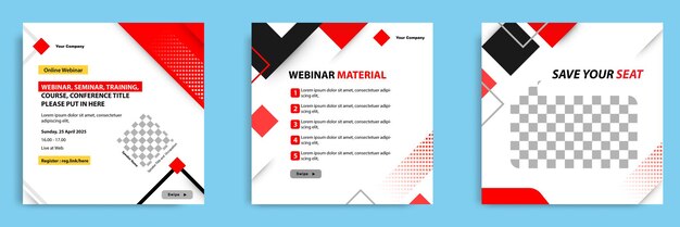 Conjunto de webinar vermelho, seminário, treinamento, banner quadrado moderno do curso e modelo de layout base