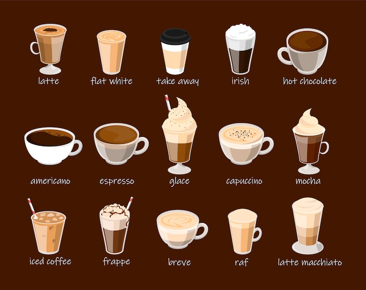 Vetor conjunto de xícara de café isolado. capuccino, latte, frappe e mocha.