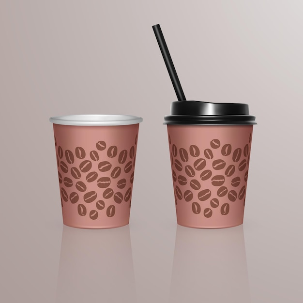 Vetor conjunto de xícara de café - molde descartável de talheres de papel e plástico para bebidas quentes.