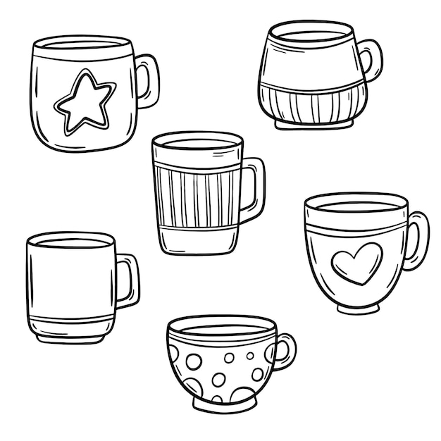 Vetor conjunto de xícara de chá ou café vector rabisco ilustração de linha desenhada à mão isolada em branco