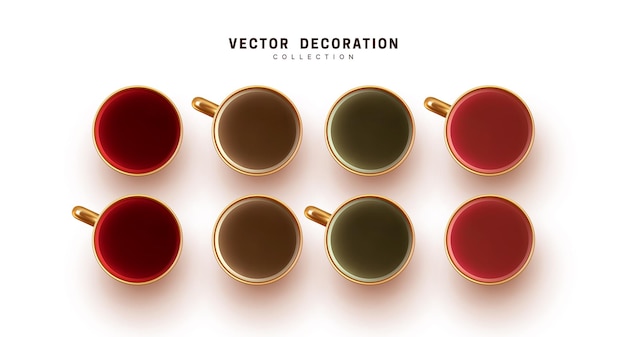 Conjunto de xícaras cheias de café, chá preto e verde. design 3d realista da vista superior dos copos. ilustração vetorial