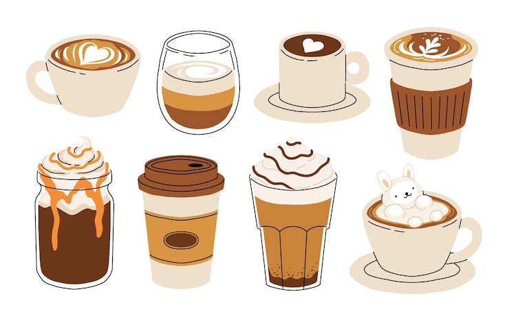 Vetor conjunto de xícaras de café com padrões de arte latte visão frontal coelho bonito flores e formas de espuma de coração café bar ou casa de café gráficos ícones de ilustração vetorial