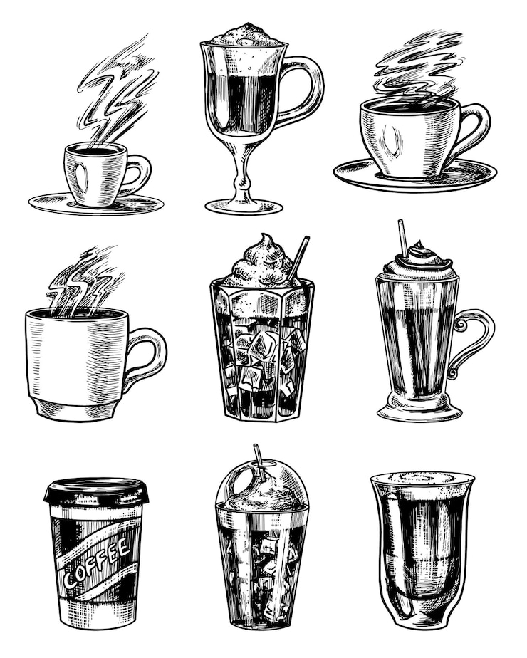 Vetor conjunto de xícaras de café em estilo vintage tire cappuccino e glace expresso e latte mocha e americano frappe em um copo desenho retrô gravado à mão