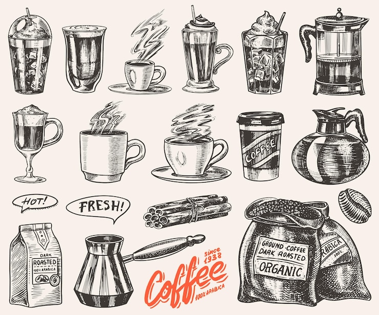 Vetor conjunto de xícaras de café em estilo vintage tire cappuccino e glace expresso e latte mocha e americano frappe em um copo desenho retrô gravado à mão