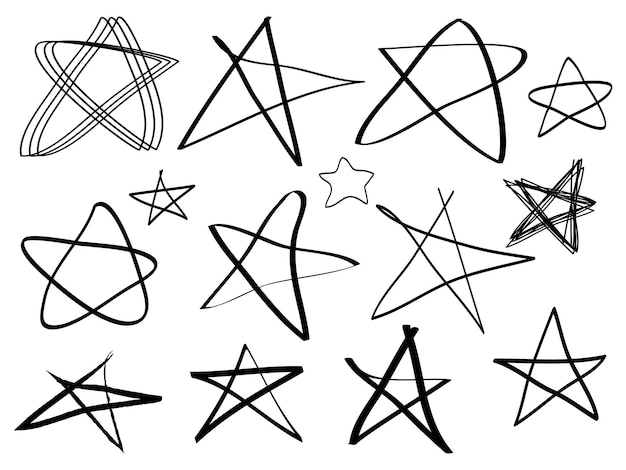 Vetor conjunto desenhado à mão abstrato doodle estrela para design conceitual isolado em ilustração vetorial de fundo branco