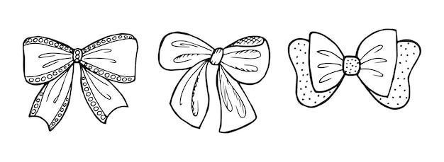 Conjunto desenhado à mão de arcos amarrados no estilo doodle para diferentes tipos de design vetor preto e branco