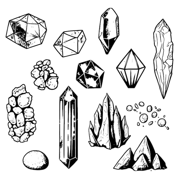 Conjunto desenhado à mão de cristais e pedras preciosas