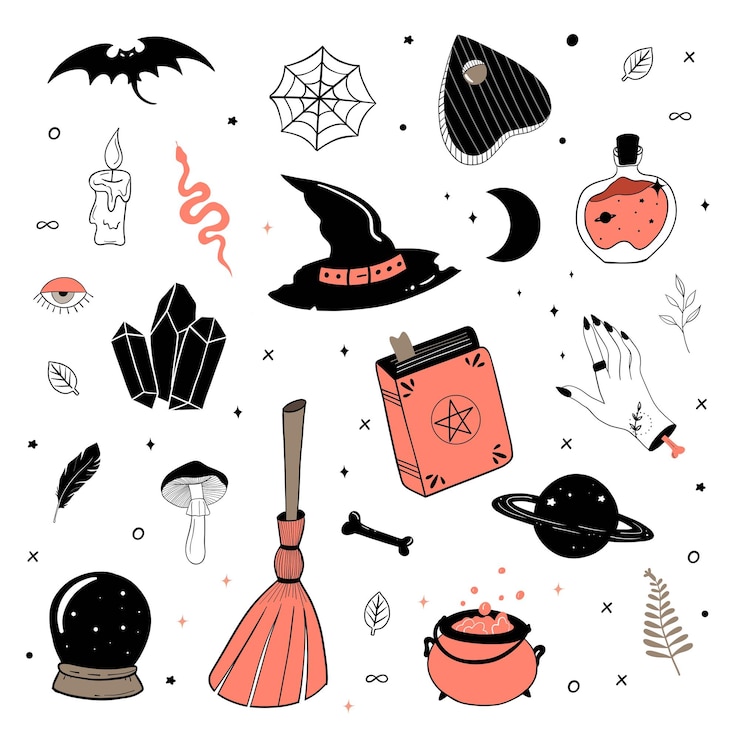 Vetor conjunto desenhado à mão de elementos de bruxa - livro de sombras, poção, vela, chapéu, vassoura, bola de cristal