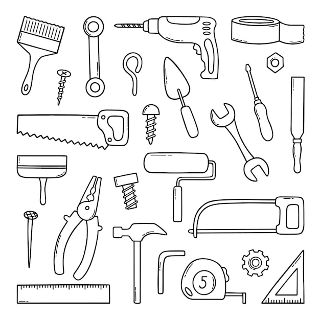 Vetor conjunto desenhado à mão de ferramentas de construção doodle diferentes ferramentas de trabalho e construção no estilo de desenho